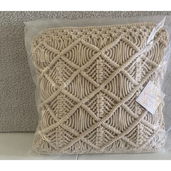 Set of 2 Macrame Throw Pillow 18x18 " Boho Decorative Garden Hand Woven - Picture 6 of 7